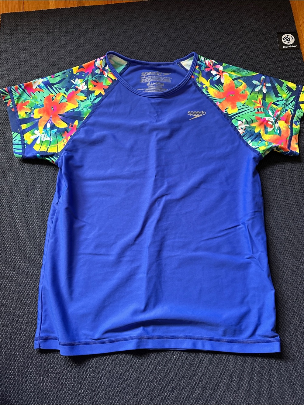 Speedo Royal Blue Short-Sleeve Rash Guard with Tropical Multi-Color Sleeves